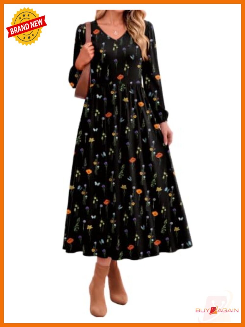 A-Line Midi Dress Loose Fit Pull On V-Neck Sleeveless